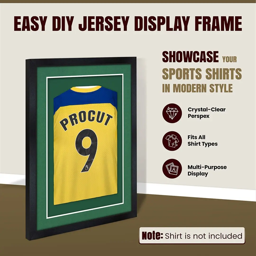 70x50cm Mat Black Football Shirt Frame With Emerald (Green) Mount And Perspex Front For Sports Jerseys thumbnail 8