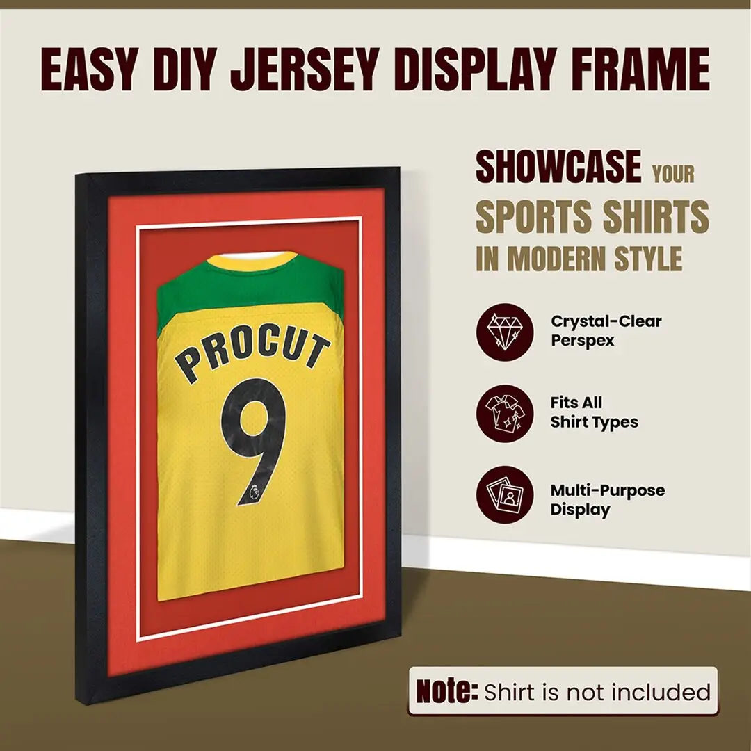 70x50cm Mat Black Football Shirt Frame With Poppy Red Mount And Perspex Front For Sports Jerseys thumbnail 8