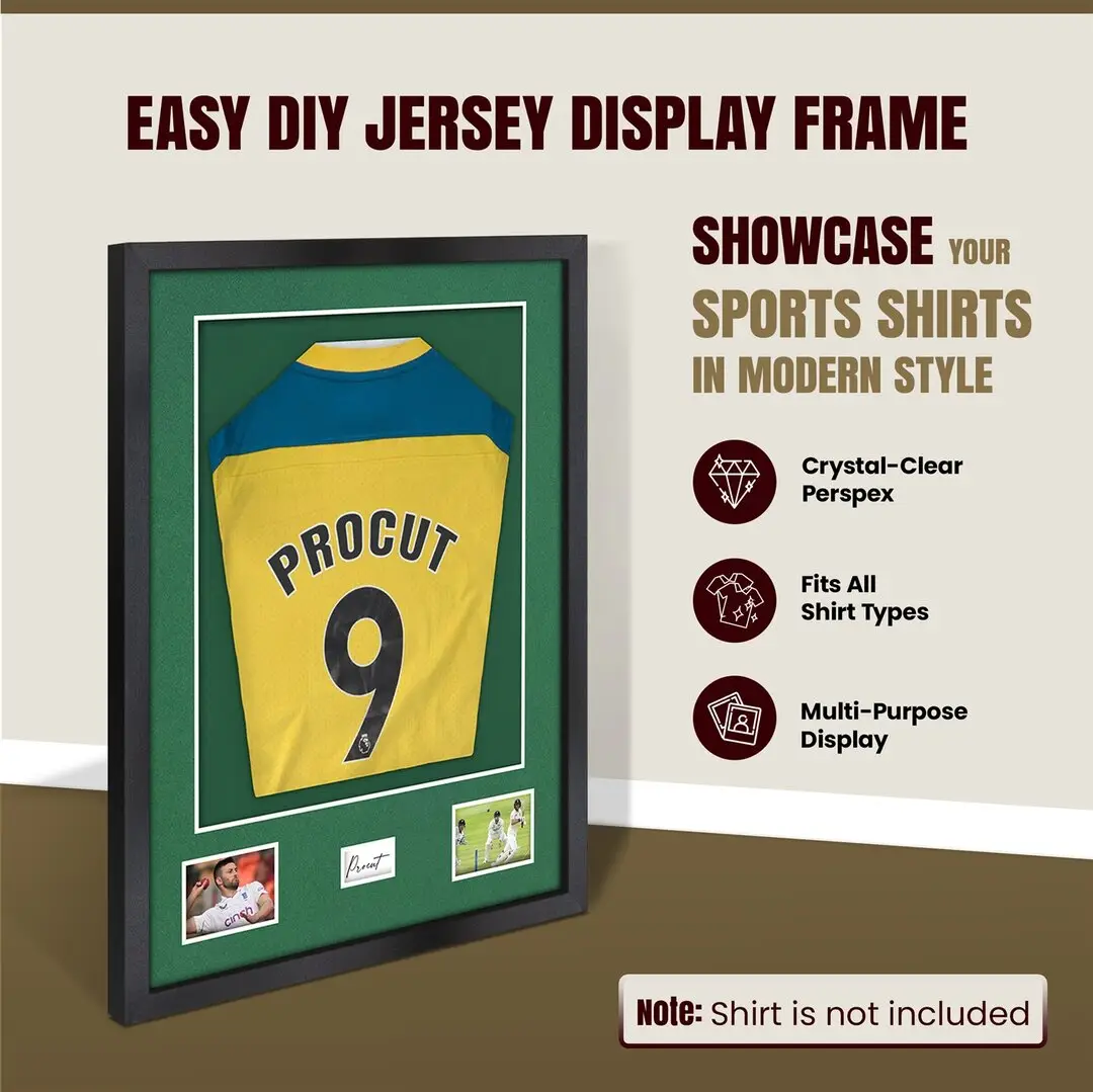 77.5x58.5cm Mat Black Football Shirt Frame With Emerald (Green) Mount And Perspex Front For Sports Jerseys thumbnail 8