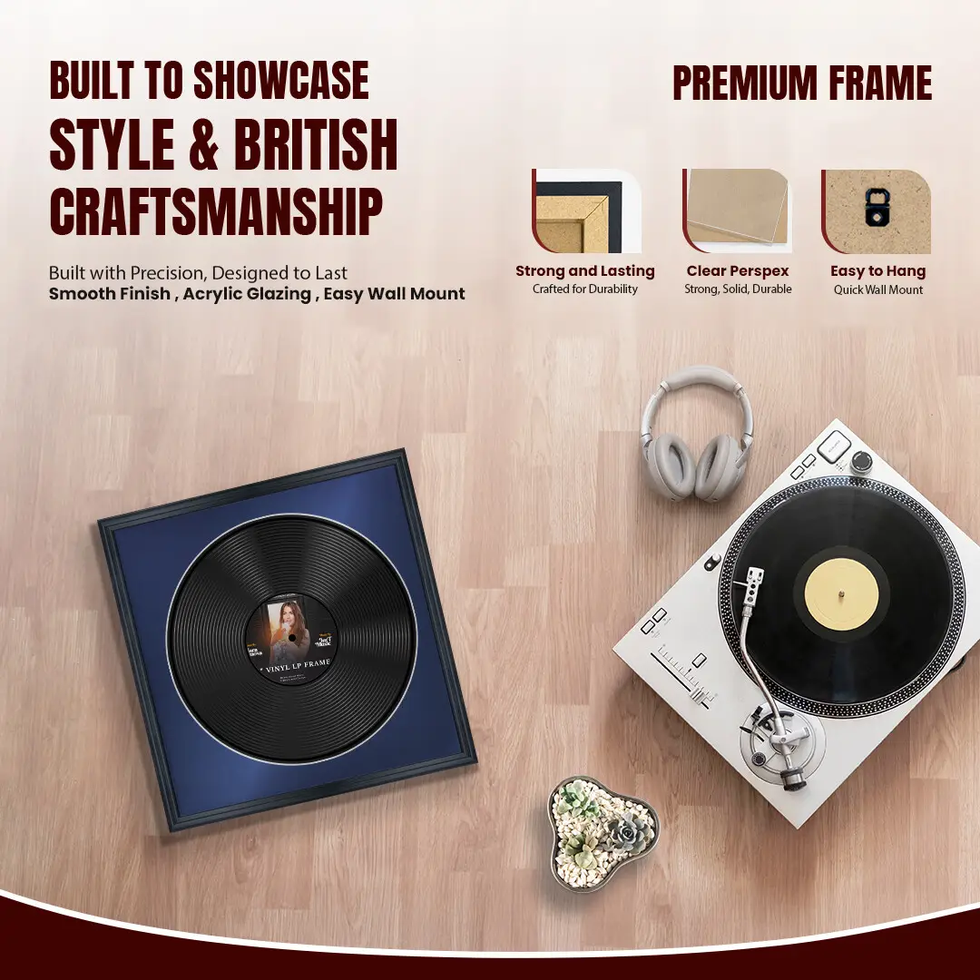 16x16" Classic Black Vinyl Record Frame With Blue Mount For 12" LP Discs | Contemporary Wall Display thumbnail 2