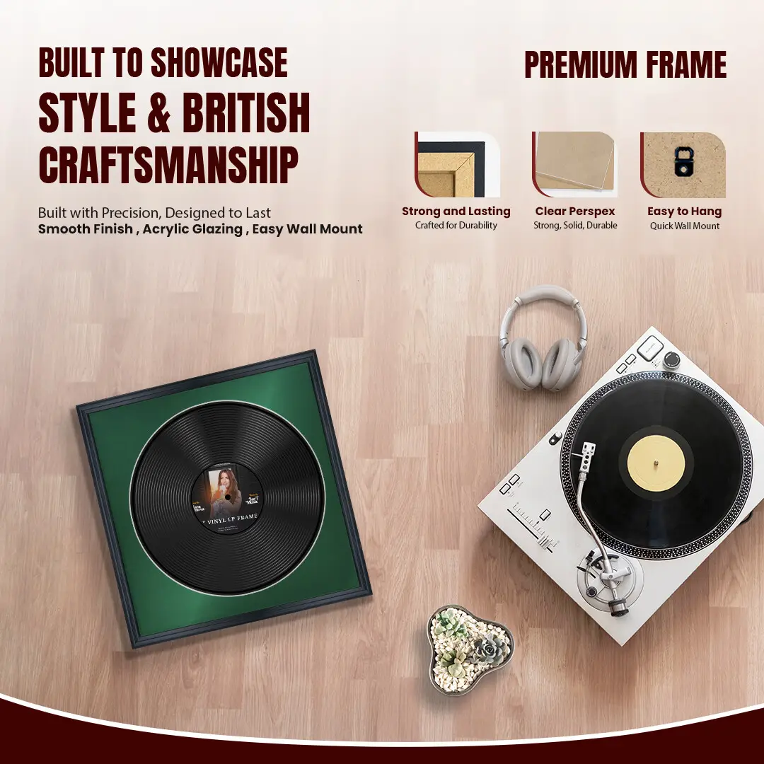 16x16" Classic Black Vinyl Record Frame With Emerald (Green) Mount For 12" LP Discs | Premium Wall Frame For Music Enthusiasts thumbnail 2