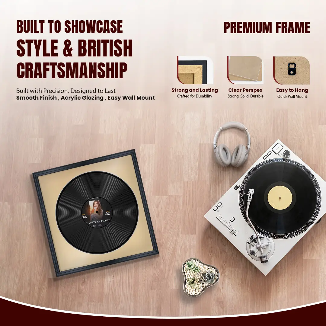 16x16" Classic Black Vinyl Record Frame With Ivory Mount For 12" LP Discs | Contemporary Wall Display thumbnail 2