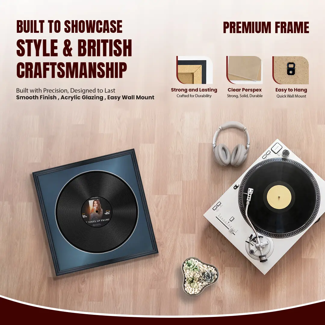 16x16" Classic Black Vinyl Record Frame With Pompador Mount For 12" LP Discs | Contemporary Wall Display thumbnail 2
