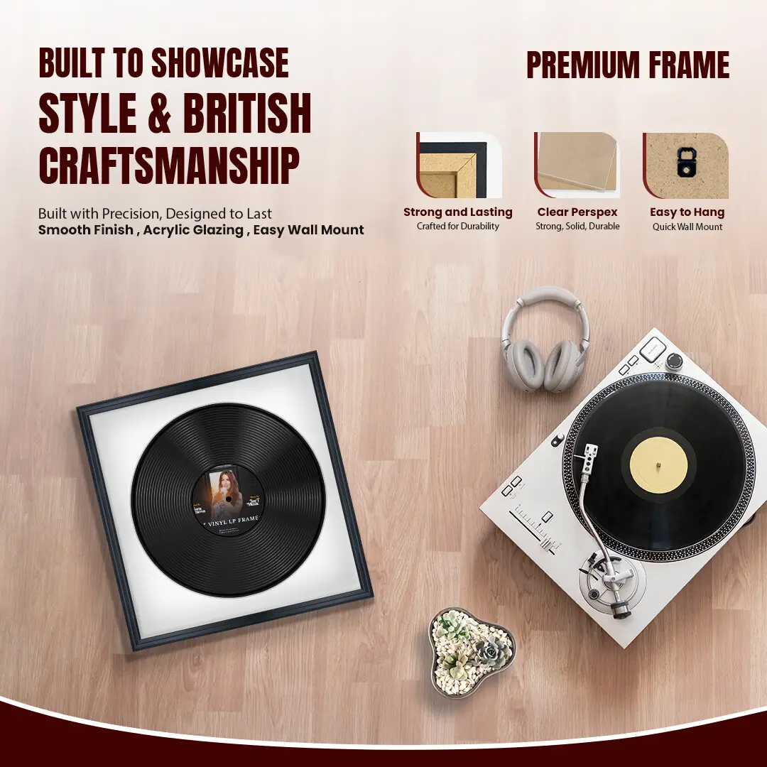 16x16" Classic Black Vinyl Record Frame With Ice White Mount For 12" LP Discs | Elegant Frame For Music Lovers thumbnail 2