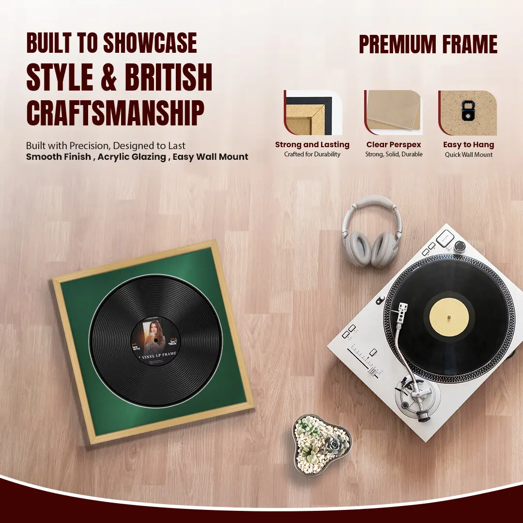 16x16" Classic Country Pine Vinyl Record Frame With Emerald (Green) Mount For 12" LP Discs | Premium Wall Frame For Music Enthusiasts thumbnail 2