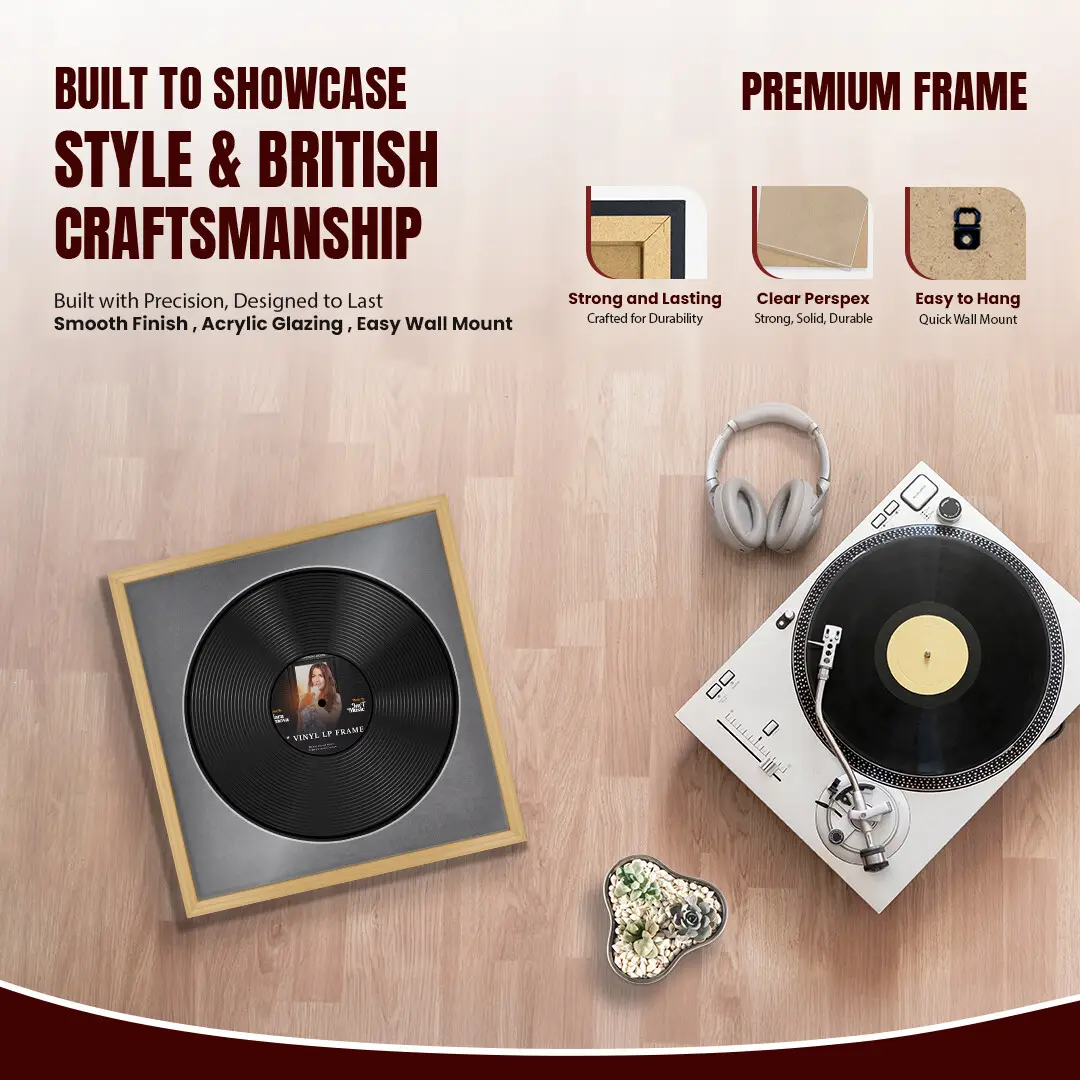 16x16" Classic Country Pine Vinyl Record Frame With Mid Grey Mount For 12" LP Discs | Premium Wall Frame For Music Enthusiasts thumbnail 2