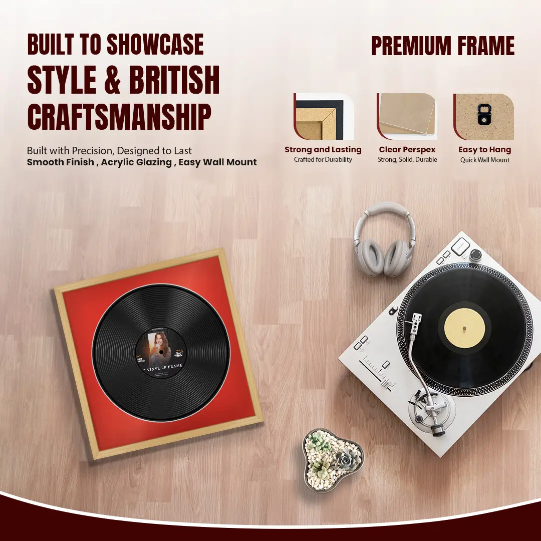 16x16" Classic Country Pine Vinyl Record Frame With Poppy Red Mount For 12" LP Discs | Premium Wall Frame For Music Enthusiasts thumbnail 2