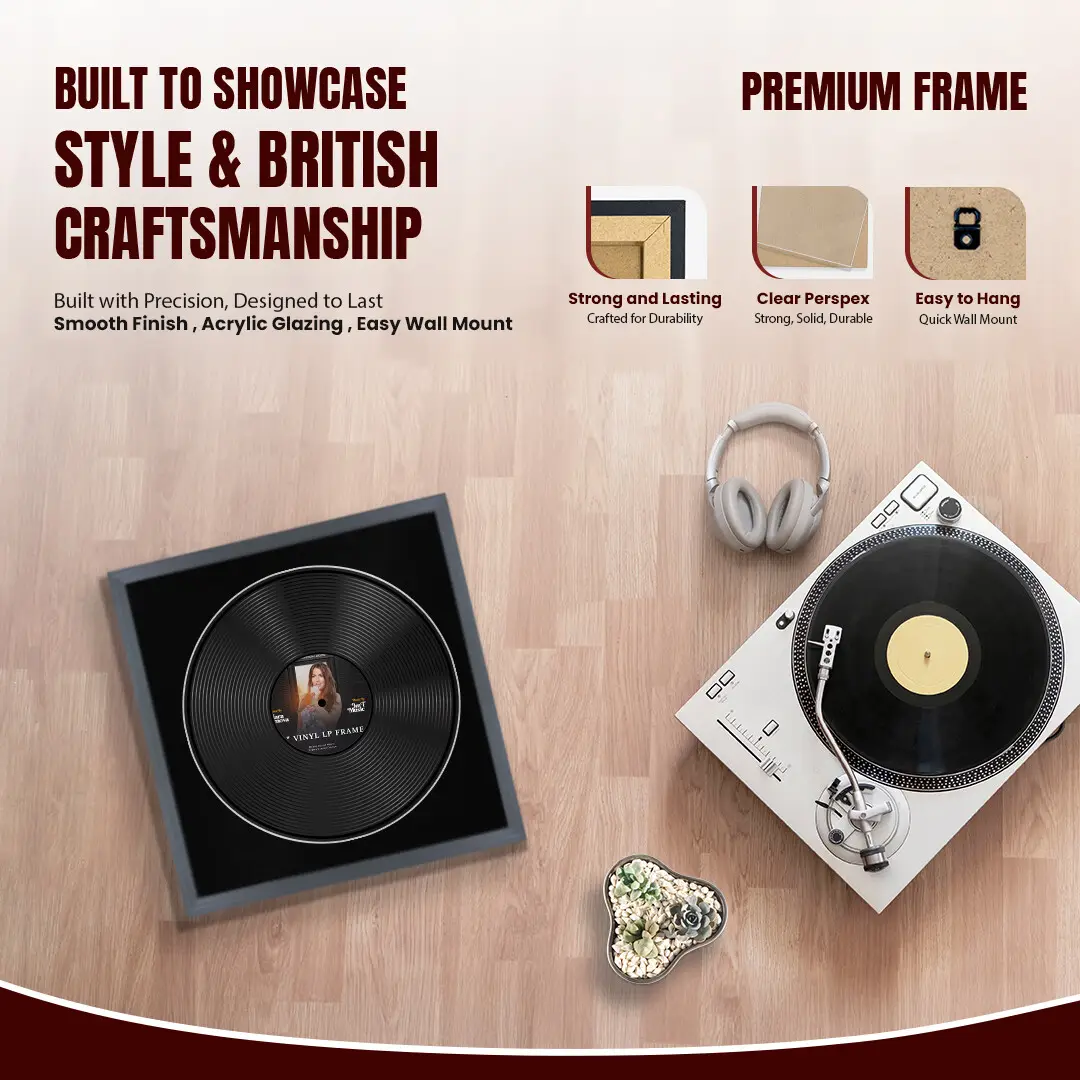 16x16" Classic Dark Grey Vinyl Record Frame With Black Mount For 12" LP Discs | Contemporary Wall Display thumbnail 2