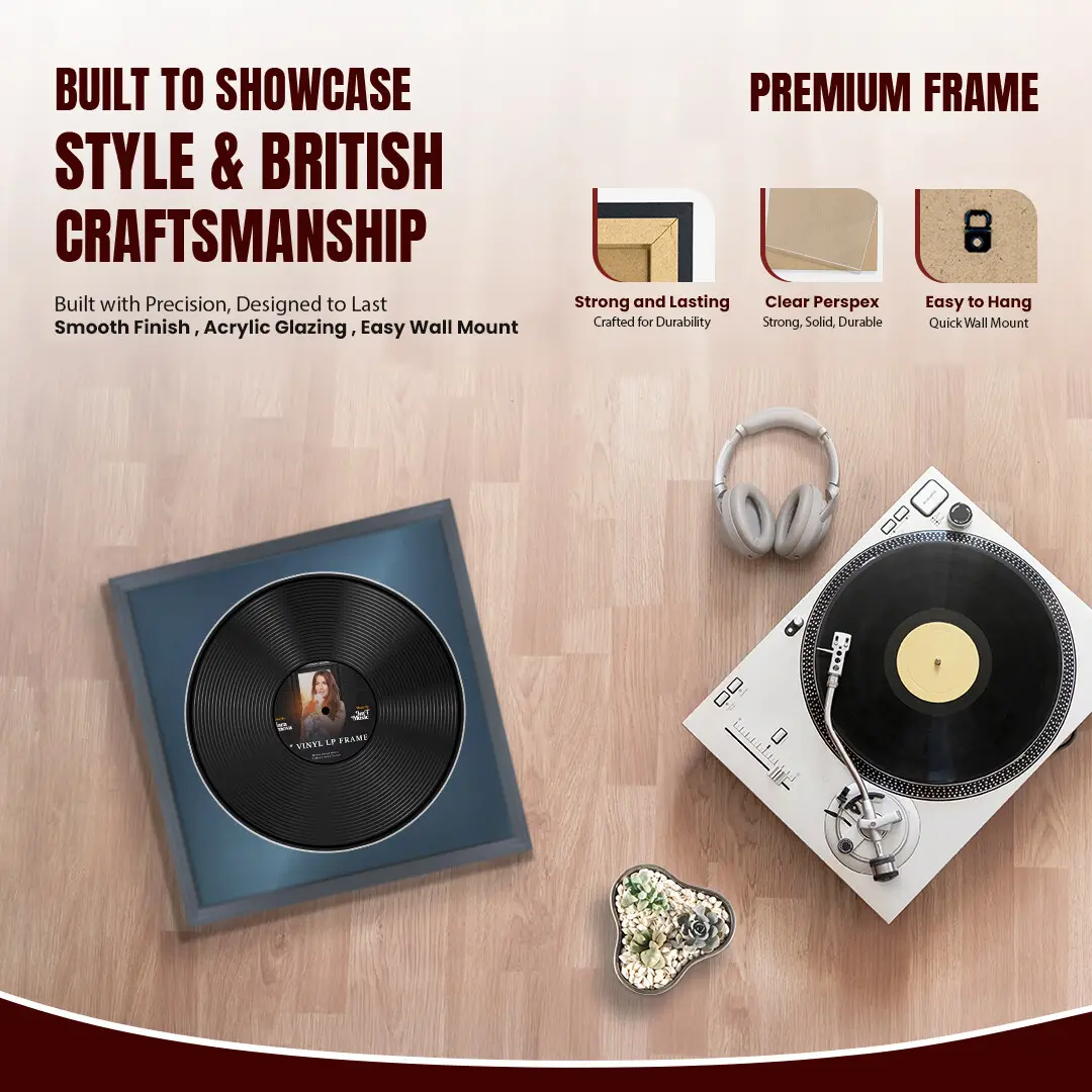 16x16" Classic Dark Grey Vinyl Record Frame With Pompador Mount For 12" LP Discs | Elegant Frame For Music Lovers thumbnail 2