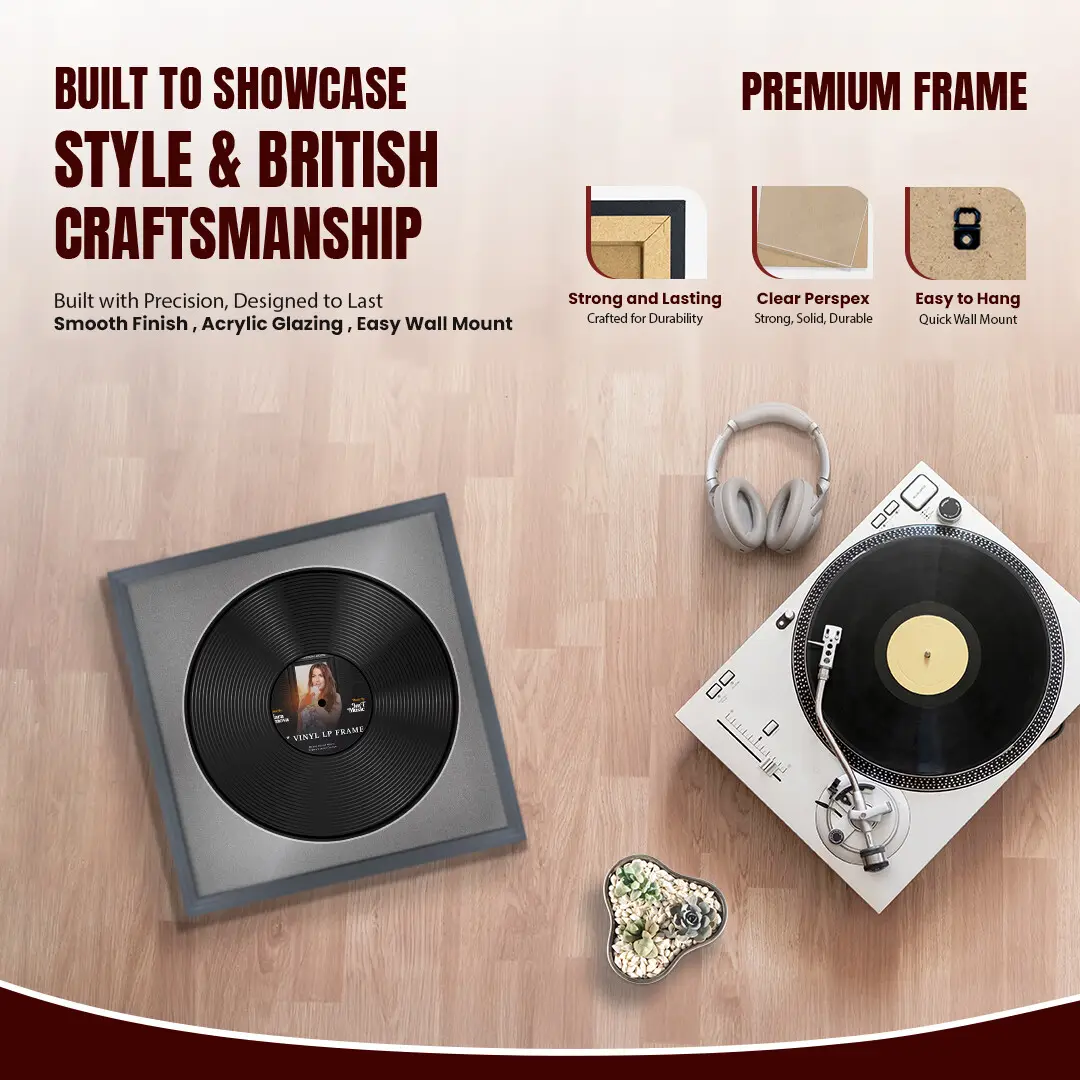 16x16" Classic Dark Grey Vinyl Record Frame With Black Mount For 12" LP Discs | Premium Wall Frame For Music Enthusiasts thumbnail 2