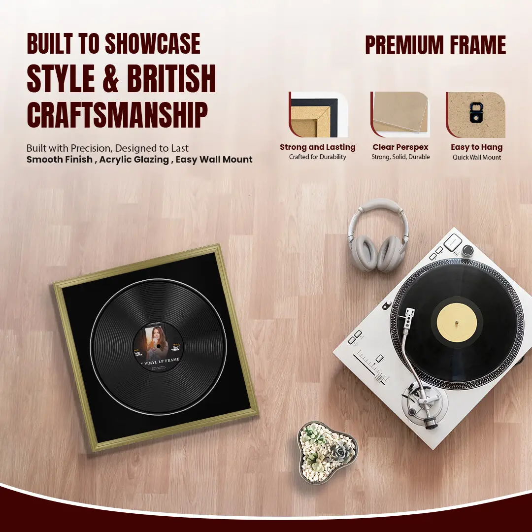 16x16" Classic Gold Vinyl Record Frame With Black Mount For 12" LP Discs | Elegant Frame For Music Lovers thumbnail 2