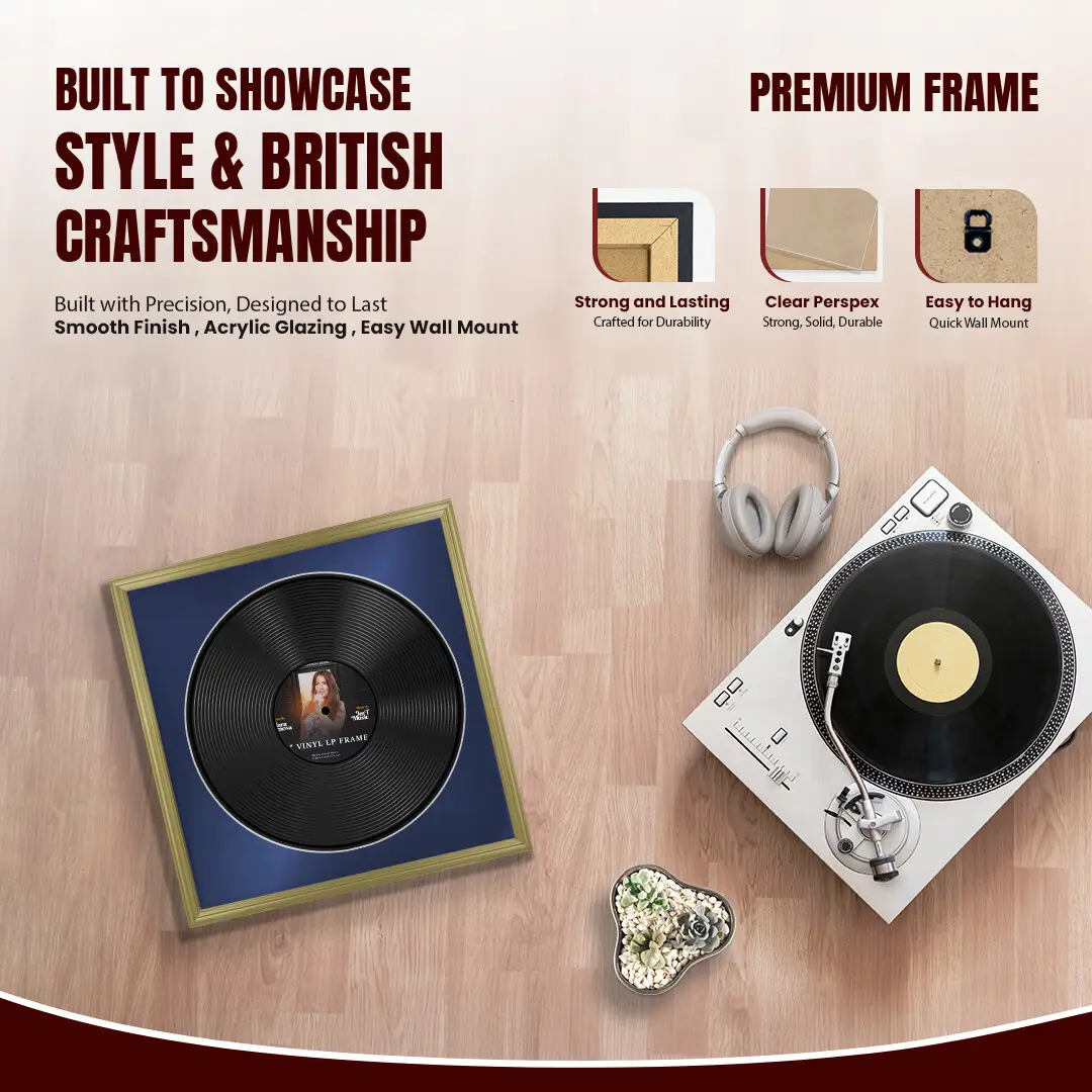 16x16" Classic Gold Vinyl Record Frame With Blue Mount For 12" LP Discs | Premium Wall Frame For Music Enthusiasts thumbnail 2