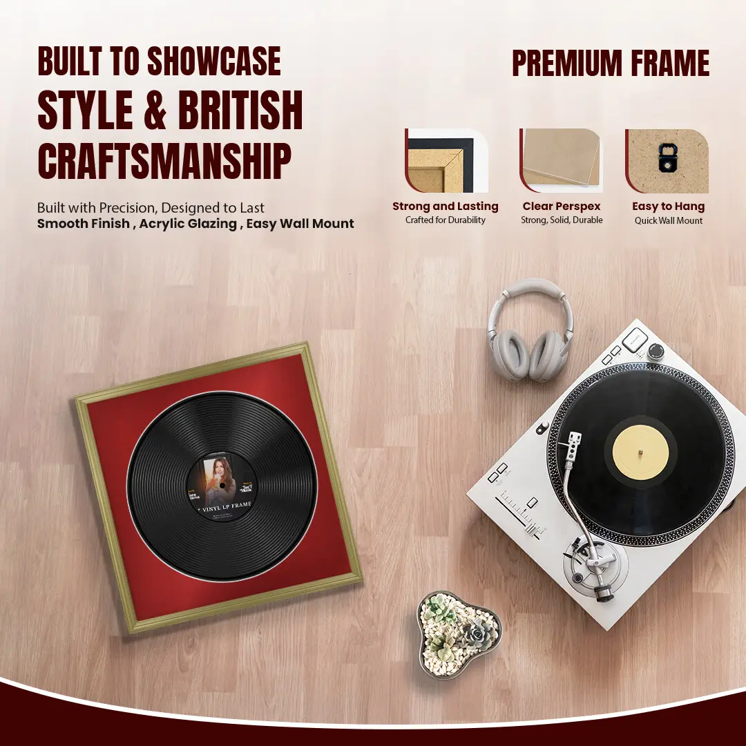 16x16" Classic Gold Vinyl Record Frame With Crimson Mount For 12" LP Discs | Elegant Frame For Music Lovers thumbnail 2