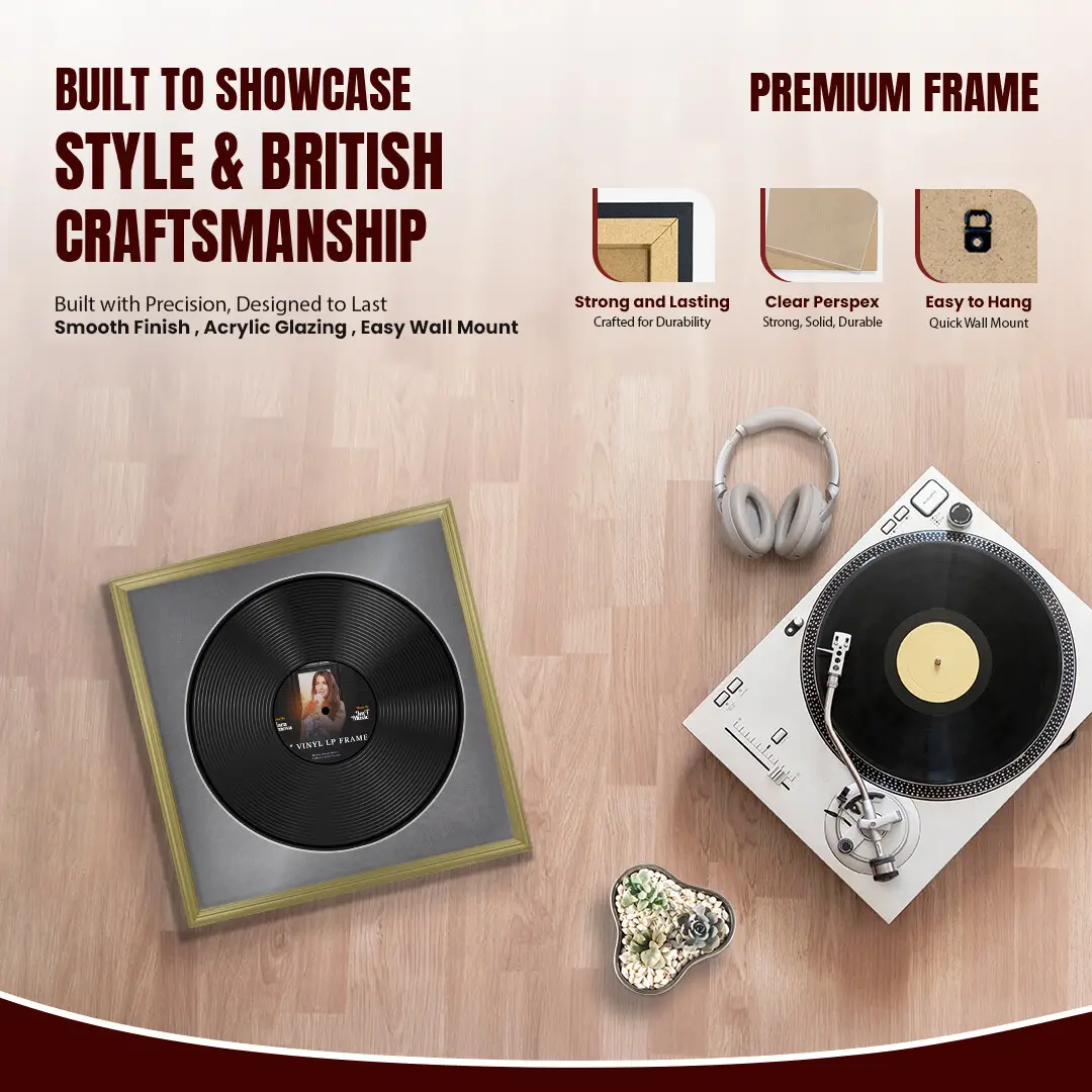 16x16" Classic Gold Vinyl Record Frame With Mid Grey Mount For 12" LP Discs | Contemporary Wall Display thumbnail 2