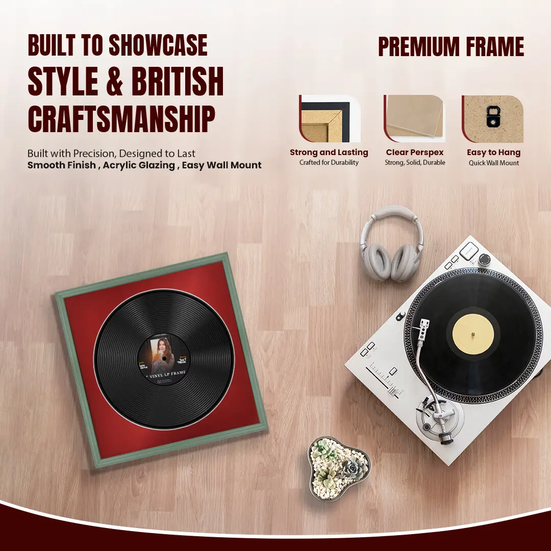 16x16" Classic Green Vinyl Record Frame With Crimson Mount For 12" LP Discs | Elegant Frame For Music Lovers thumbnail 2