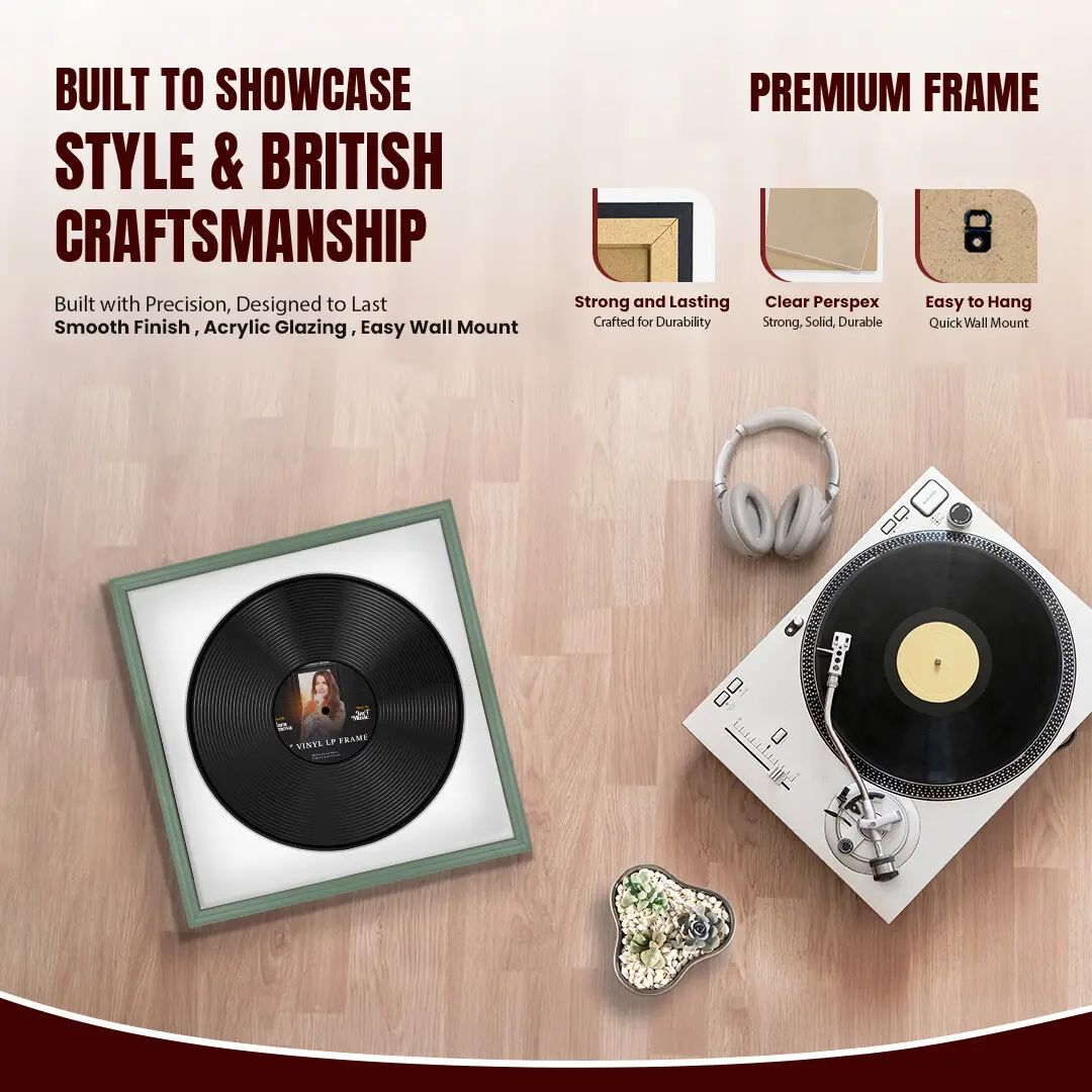 16x16" Classic Green Vinyl Record Frame With Ice White Mount For 12" LP Discs | Premium Wall Frame For Music Enthusiasts thumbnail 2