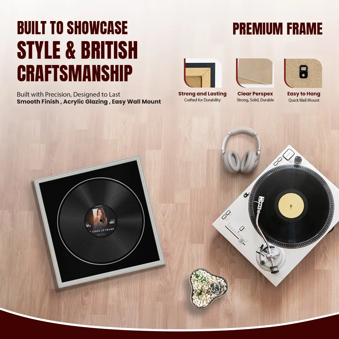 16x16" Classic Light Grey Vinyl Record Frame With Black Mount For 12" LP Discs | Contemporary Wall Display thumbnail 2