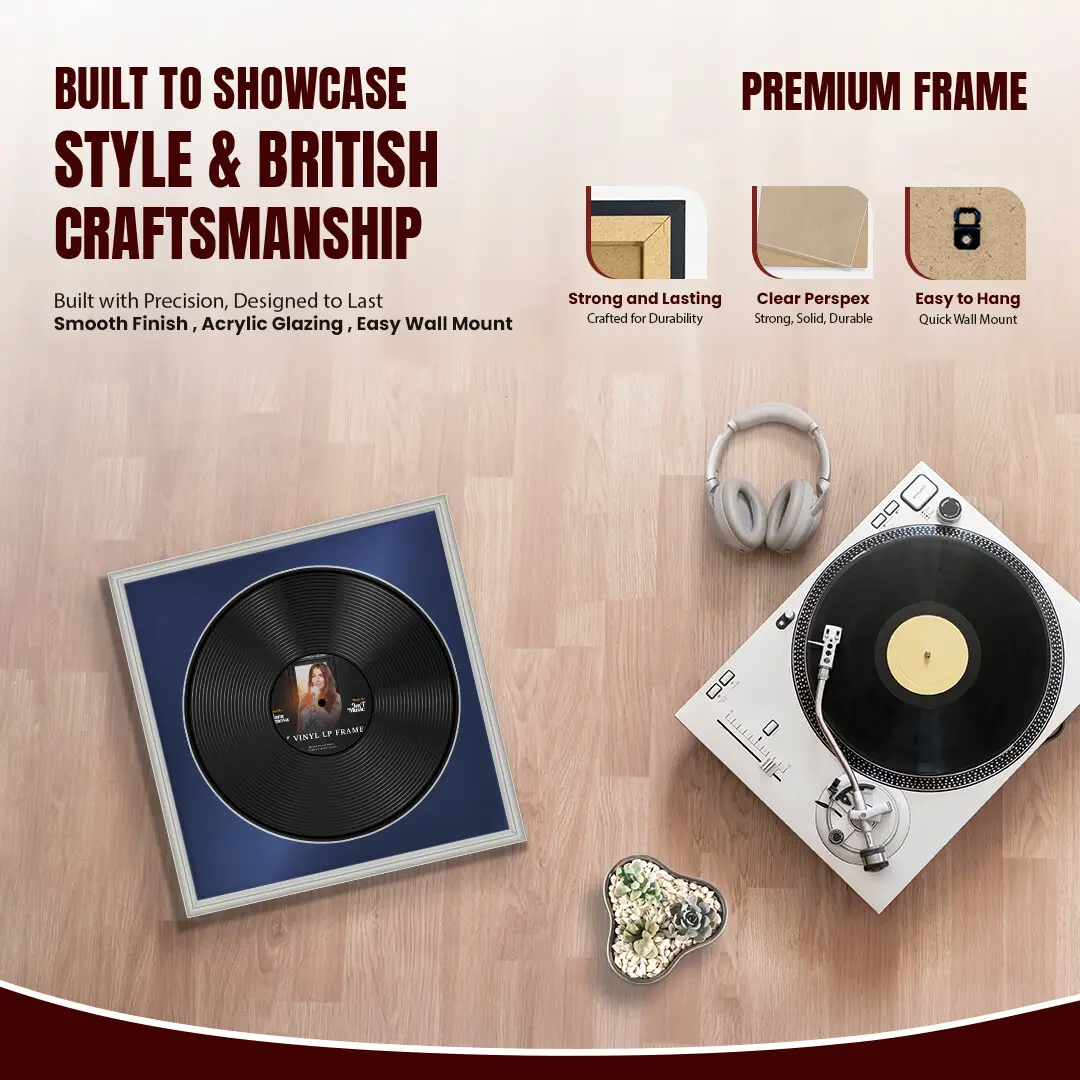 16x16" Classic Light Grey Vinyl Record Frame With Blue Mount For 12" LP Discs | Elegant Frame For Music Lovers thumbnail 2
