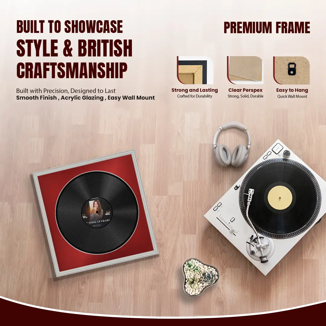 16x16" Classic Light Grey Vinyl Record Frame With Crimson Mount For 12" LP Discs | Elegant Frame For Music Lovers thumbnail 2