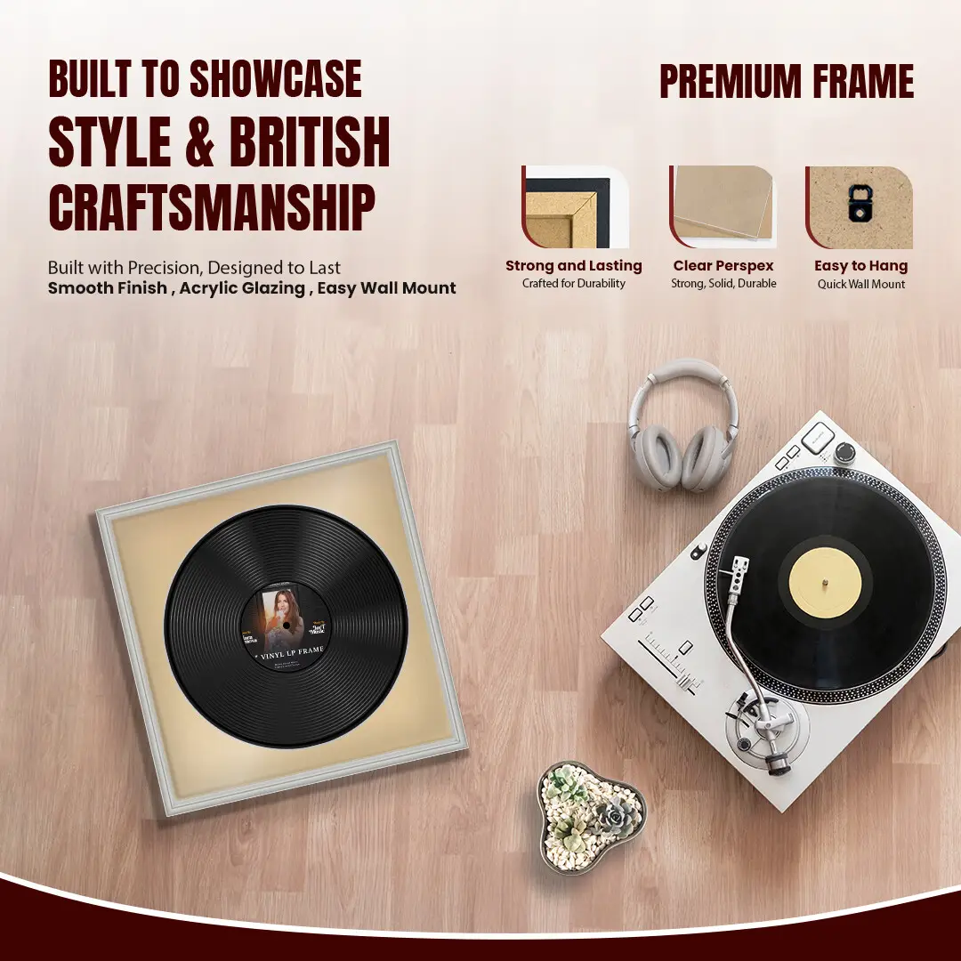 16x16" Classic Light Grey Vinyl Record Frame With Ivory Mount For 12" LP Discs | Premium Wall Frame For Music Enthusiasts thumbnail 2