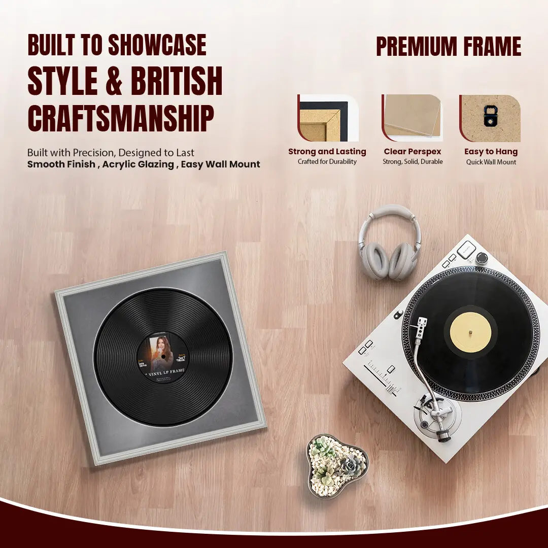 16x16" Classic Light Grey Vinyl Record Frame With Mid Grey Mount For 12" LP Discs | Contemporary Wall Display thumbnail 2