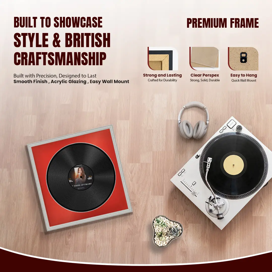 16x16" Classic Light Grey Vinyl Record Frame With Poppy Red Mount For 12" LP Discs | Contemporary Wall Display thumbnail 2