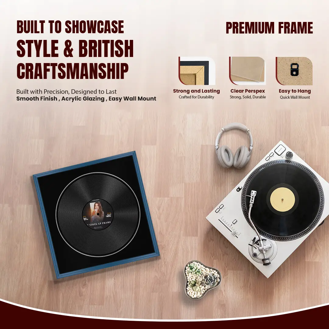 16x16" Classic Navy Blue Vinyl Record Frame With Black Mount For 12" LP Discs | Contemporary Wall Display thumbnail 2