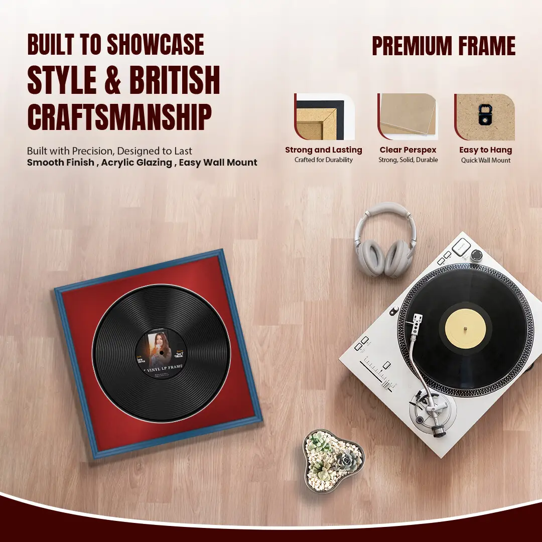 16x16" Classic Navy Blue Vinyl Record Frame With Crimson Mount For 12" LP Discs | Premium Wall Frame For Music Enthusiasts thumbnail 2