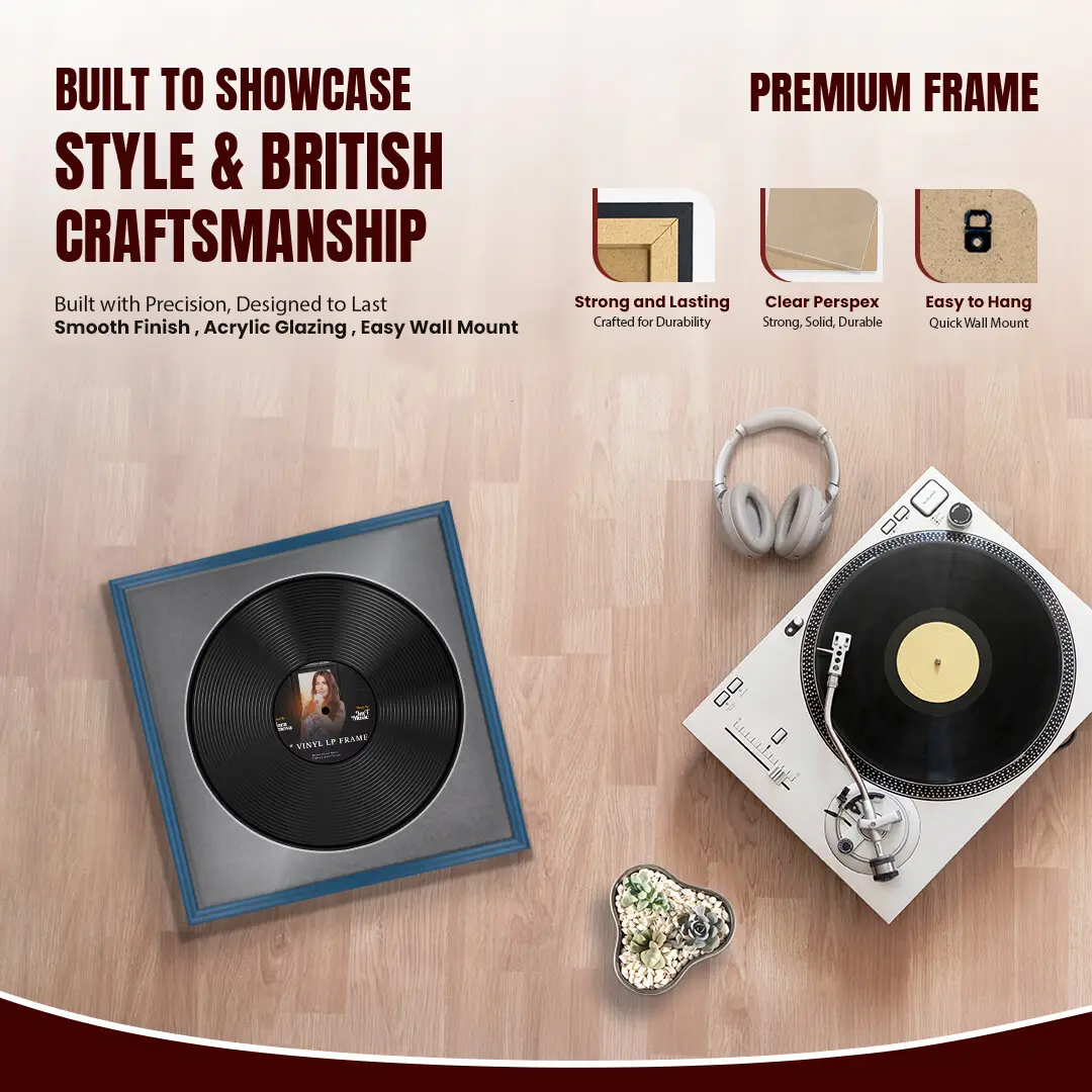 16x16" Classic Navy Blue Vinyl Record Frame With Mid Grey Mount For 12" LP Discs | Contemporary Wall Display thumbnail 2