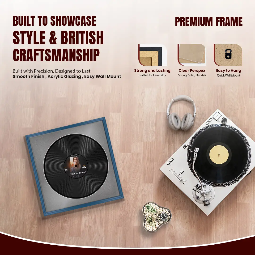 16x16" Classic Navy Blue Vinyl Record Frame With Silver Mount For 12" LP Discs | Contemporary Wall Display thumbnail 2