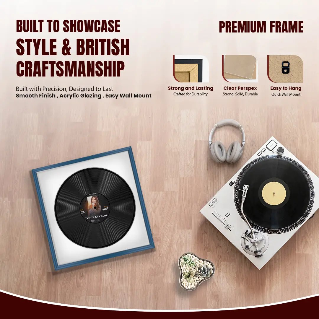 16x16" Classic Navy Blue Vinyl Record Frame With Ice White Mount For 12" LP Discs | Elegant Frame For Music Lovers thumbnail 2
