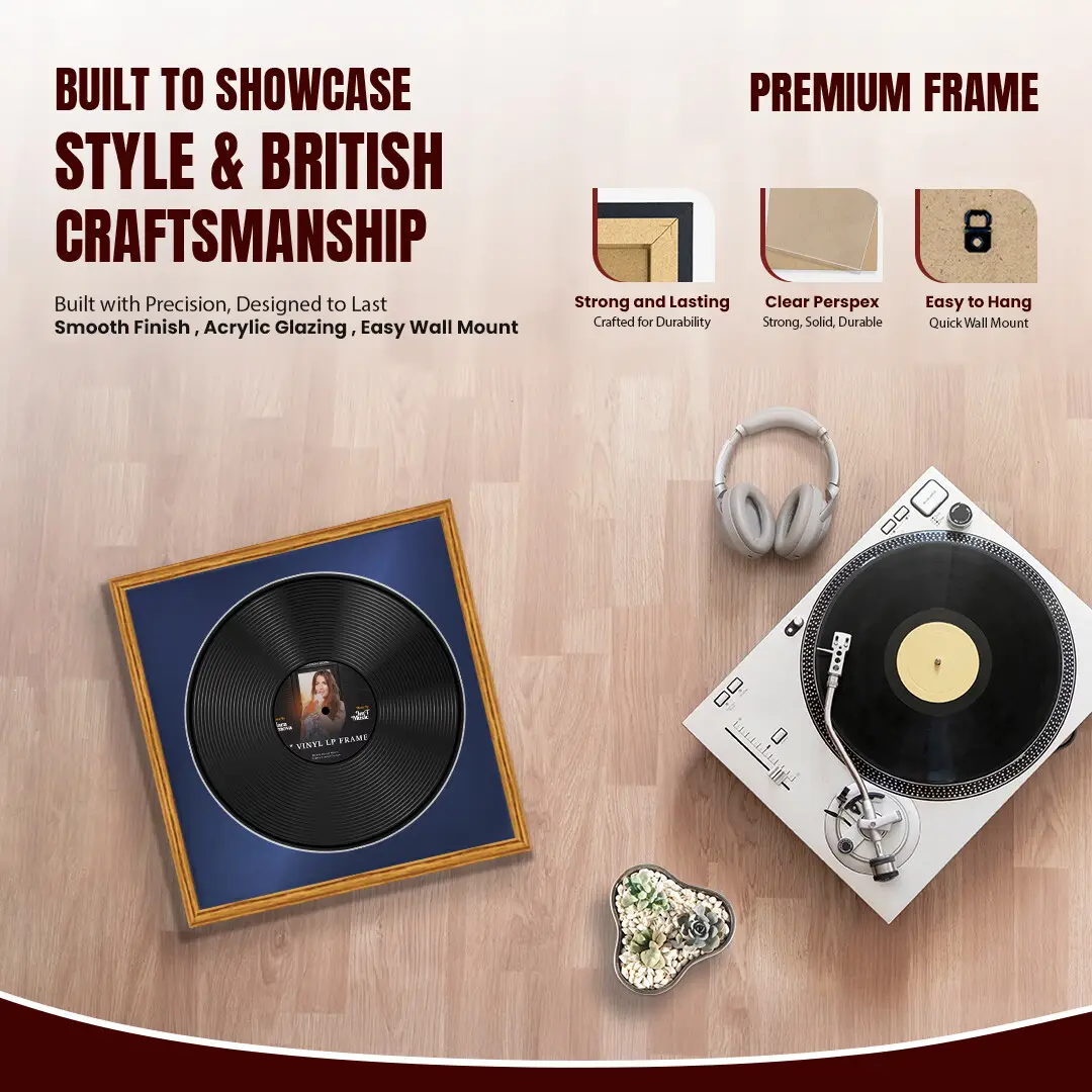 16x16" Classic Oak Vinyl Record Frame With Blue Mount For 12" LP Discs | Premium Wall Frame For Music Enthusiasts thumbnail 2