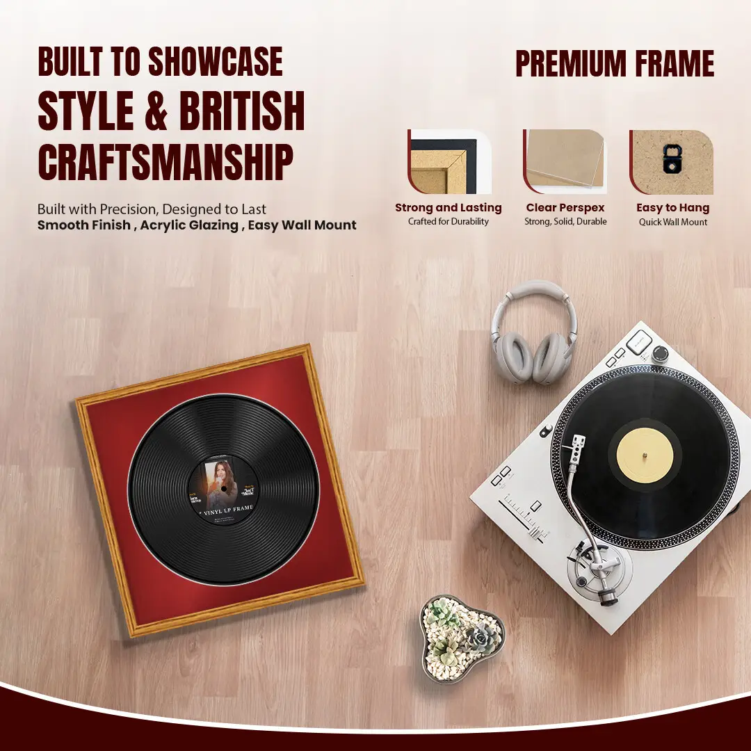 16x16" Classic Oak Vinyl Record Frame With Black Mount For 12" LP Discs | Contemporary Wall Display thumbnail 2