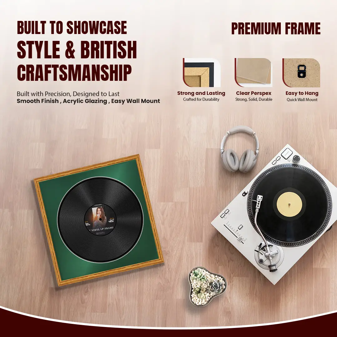 16x16" Classic Oak Vinyl Record Frame With Emerald (Green) Mount For 12" LP Discs | Premium Wall Frame For Music Enthusiasts thumbnail 2