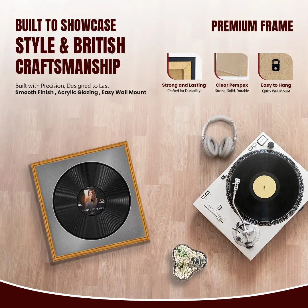 16x16" Classic Oak Vinyl Record Frame With Silver Mount For 12" LP Discs | Contemporary Wall Display thumbnail 2