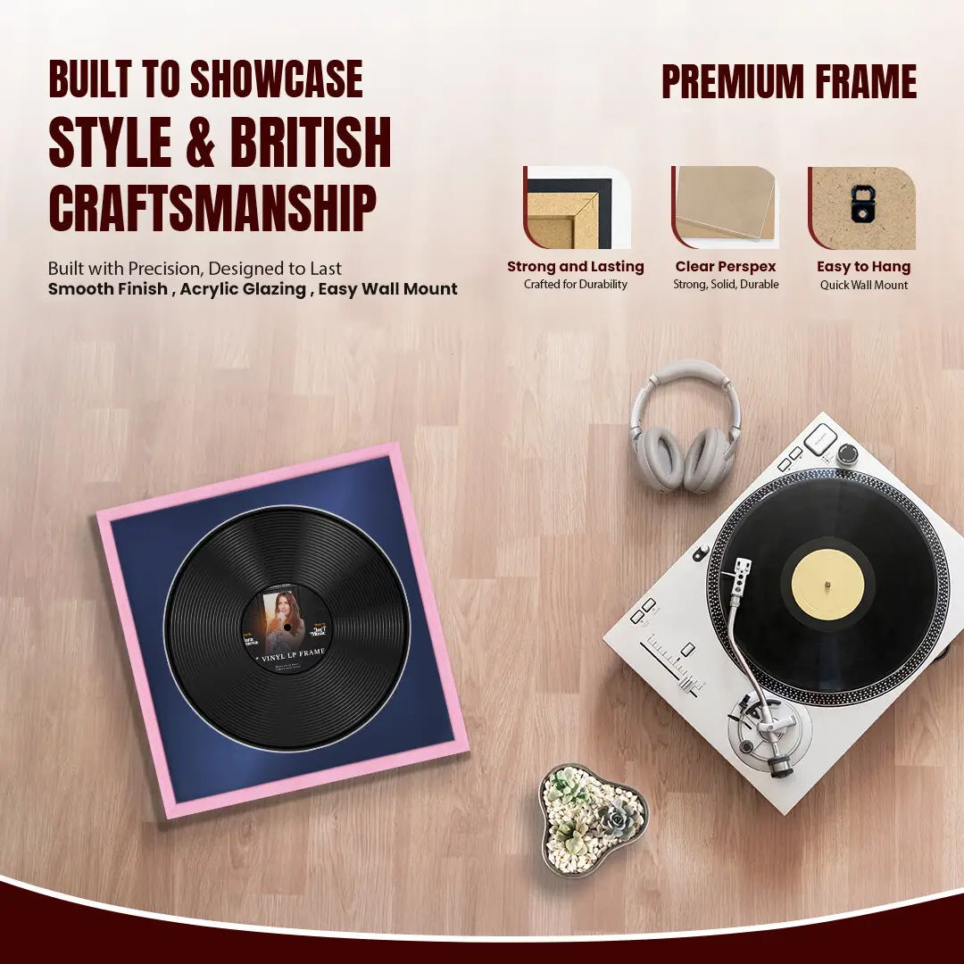 16x16" Classic Pastel Pink Vinyl Record Frame With Blue Mount For 12" LP Discs | Contemporary Wall Display thumbnail 2
