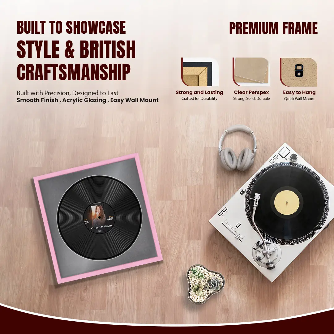 16x16" Classic Pastel Pink Vinyl Record Frame With Mid Grey Mount For 12" LP Discs | Contemporary Wall Display thumbnail 2