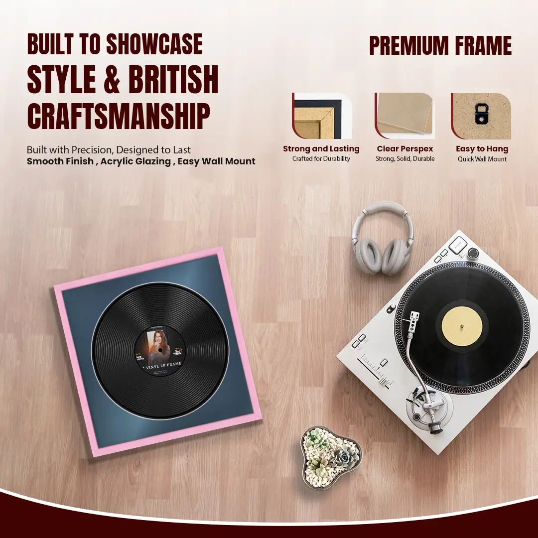 16x16" Classic Pastel Pink Vinyl Record Frame With Pompador Mount For 12" LP Discs | Contemporary Wall Display thumbnail 2