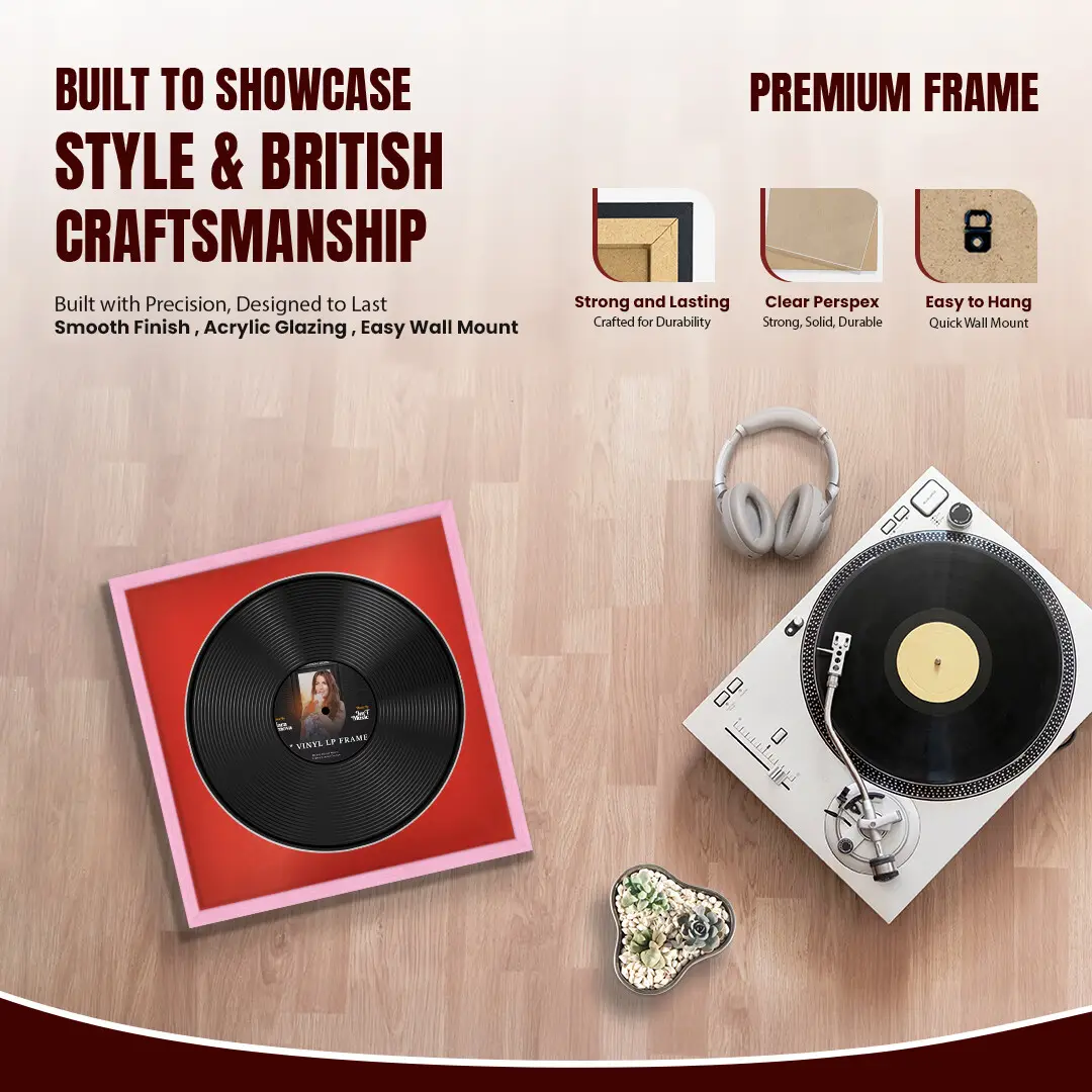 16x16" Classic Pastel Pink Vinyl Record Frame With Black Mount For 12" LP Discs | Contemporary Wall Display thumbnail 2