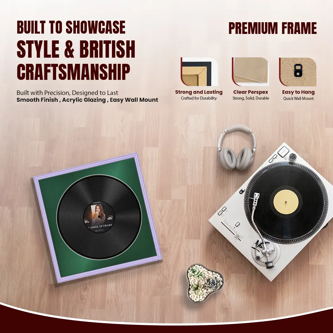 16x16" Classic Purple Vinyl Record Frame With Emerald (Green) Mount For 12" LP Discs | Elegant Frame For Music Lovers thumbnail 2