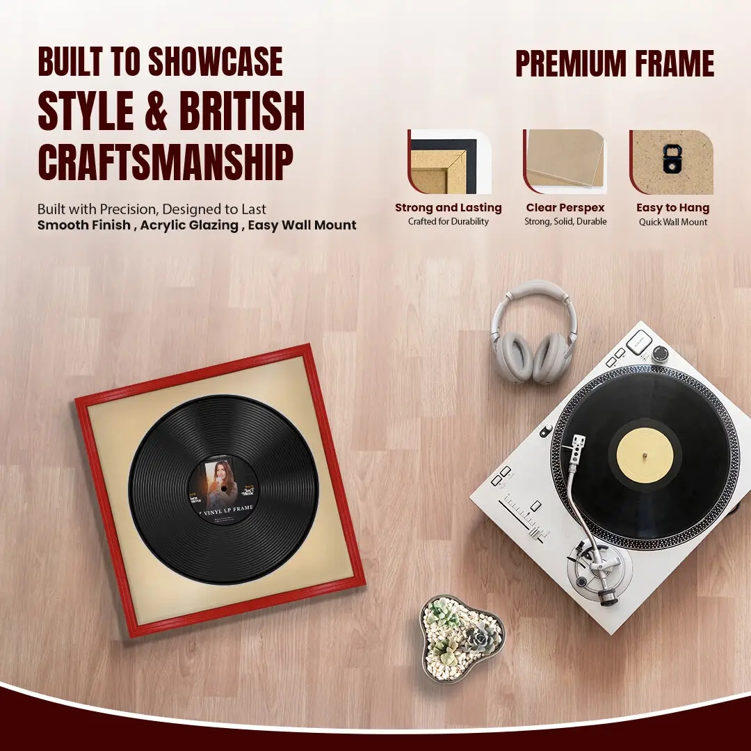 16x16" Classic Red Vinyl Record Frame With Ivory Mount For 12" LP Discs | Elegant Frame For Music Lovers thumbnail 2