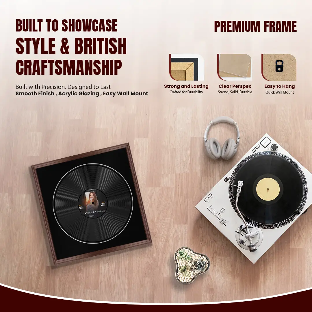 16x16" Classic Rose Wood Vinyl Record Frame With Black Mount For 12" LP Discs | Premium Wall Frame For Music Enthusiasts thumbnail 2