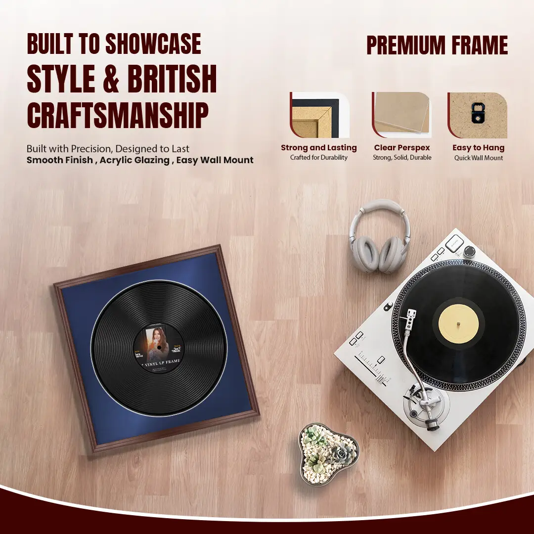 16x16" Classic Rose Wood Vinyl Record Frame With Blue Mount For 12" LP Discs | Contemporary Wall Display thumbnail 2