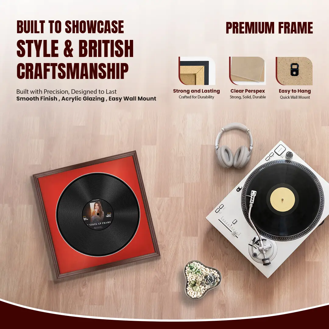 16x16" Classic Rose Wood Vinyl Record Frame With Poppy Red Mount For 12" LP Discs | Contemporary Wall Display thumbnail 2