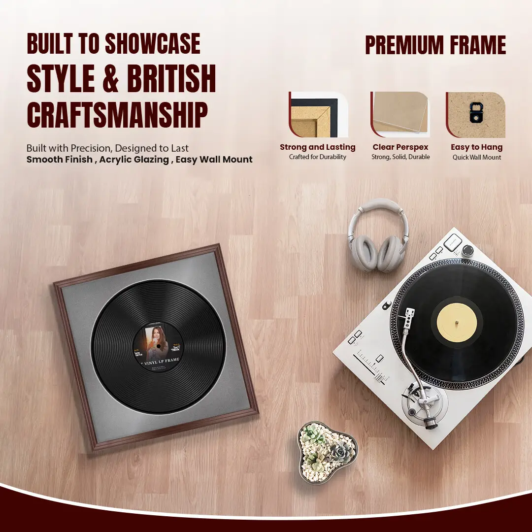16x16" Classic Rose Wood Vinyl Record Frame With Silver Mount For 12" LP Discs | Contemporary Wall Display thumbnail 2