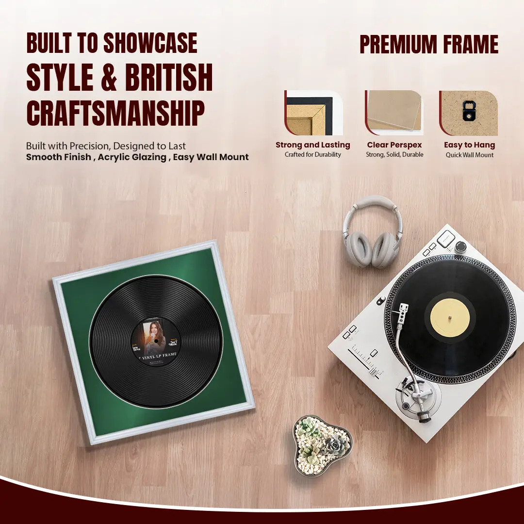 16x16" Classic Silver Vinyl Record Frame With Emerald (Green) Mount For 12" LP Discs | Contemporary Wall Display thumbnail 2
