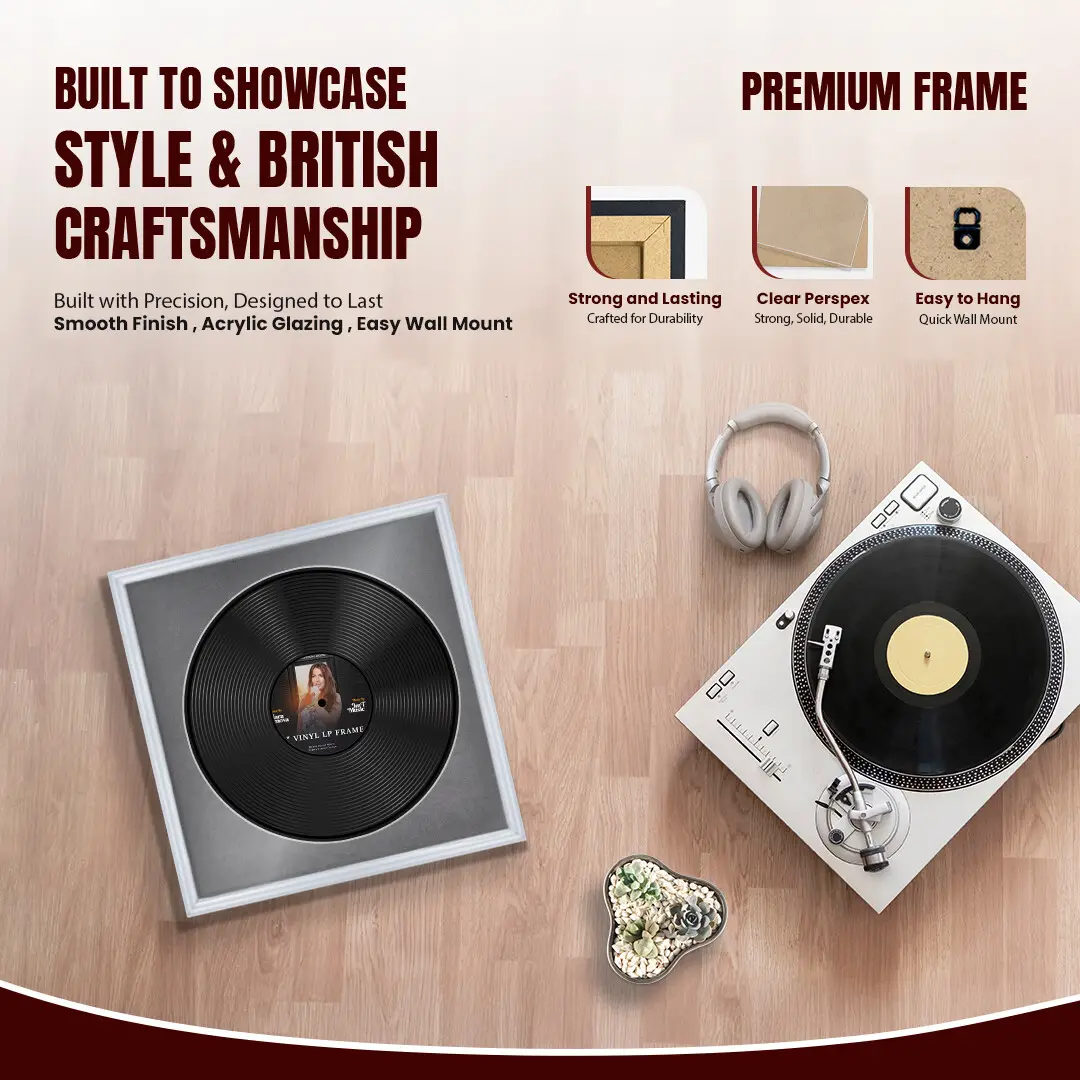 16x16" Classic Silver Vinyl Record Frame With Mid Grey Mount For 12" LP Discs | Elegant Frame For Music Lovers thumbnail 2