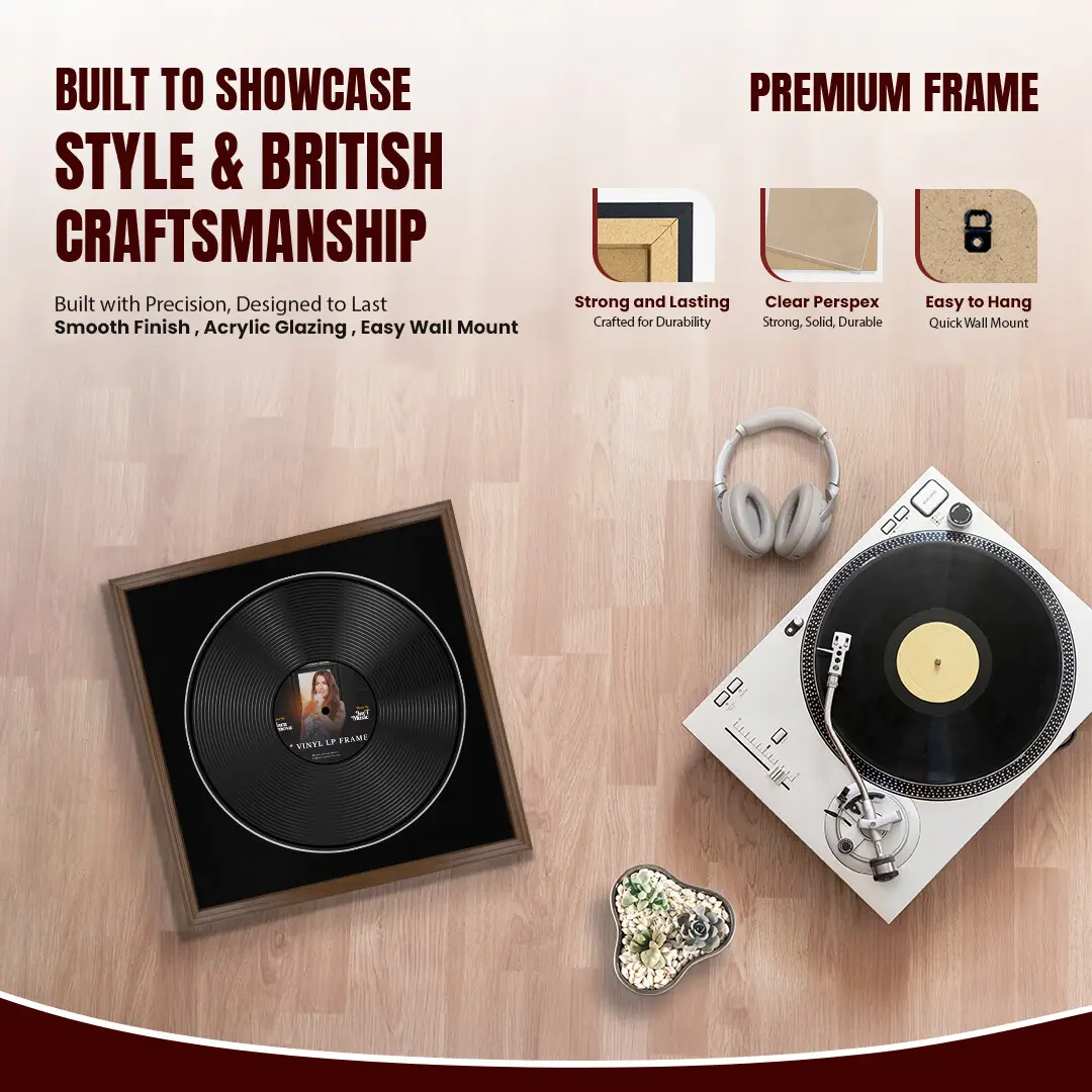 16x16" Classic Walnut Vinyl Record Frame With Black Mount For 12" LP Discs | Premium Wall Frame For Music Enthusiasts thumbnail 2