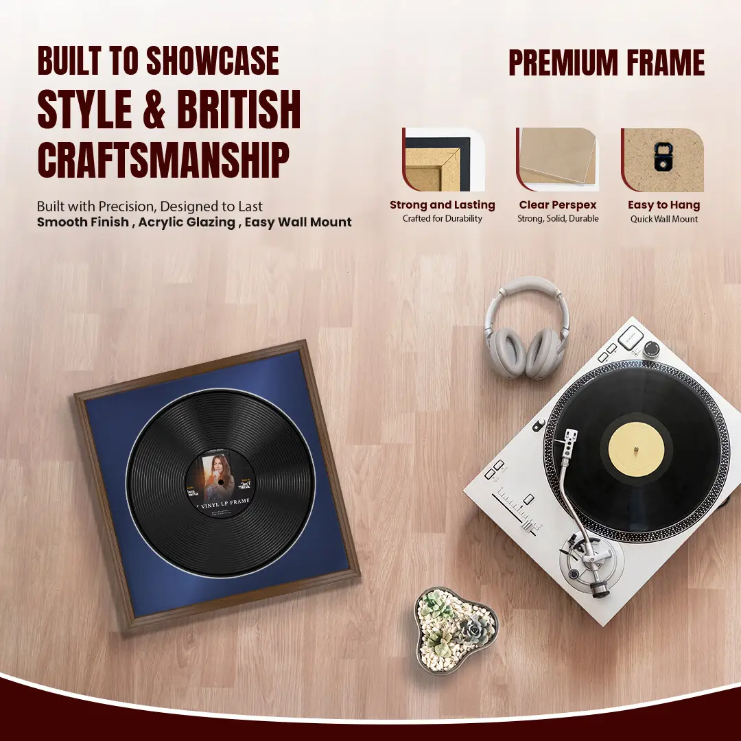 16x16" Classic Walnut Vinyl Record Frame With Blue Mount For 12" LP Discs | Elegant Frame For Music Lovers thumbnail 2
