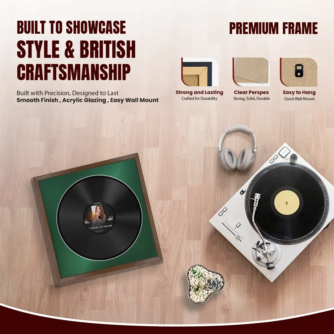 16x16" Classic Walnut Vinyl Record Frame With Emerald (Green) Mount For 12" LP Discs | Premium Wall Frame For Music Enthusiasts thumbnail 2